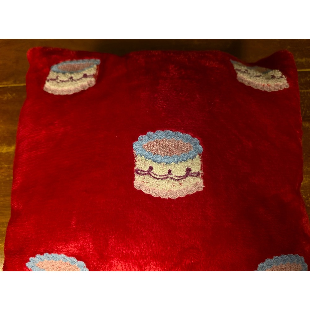 Red Plush Cake Embroidered Throw Pillow 16x16 Coquette Kitsch Home Decor